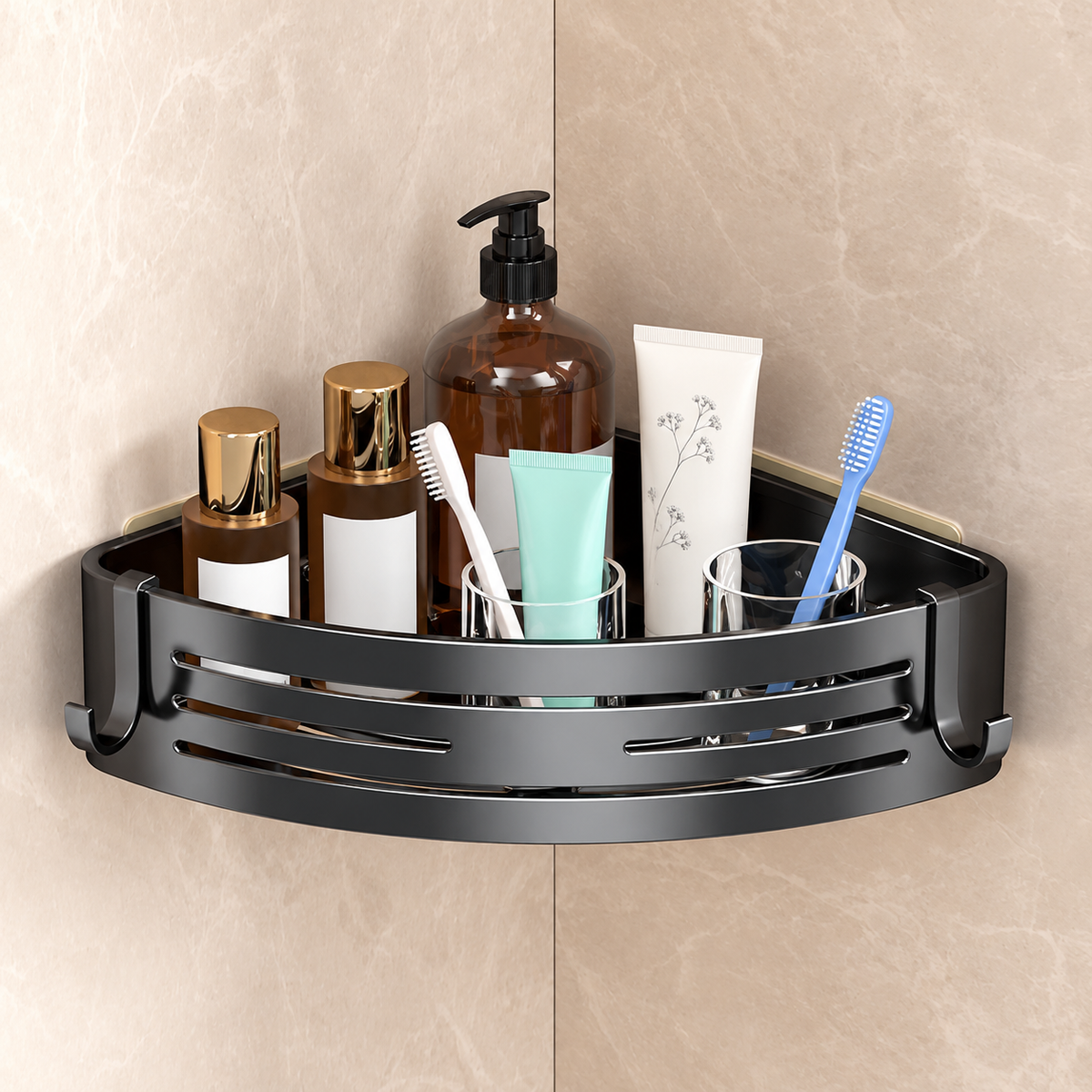 Étagère de douche d’angle sans perçage Rangiva – présentation du rangement