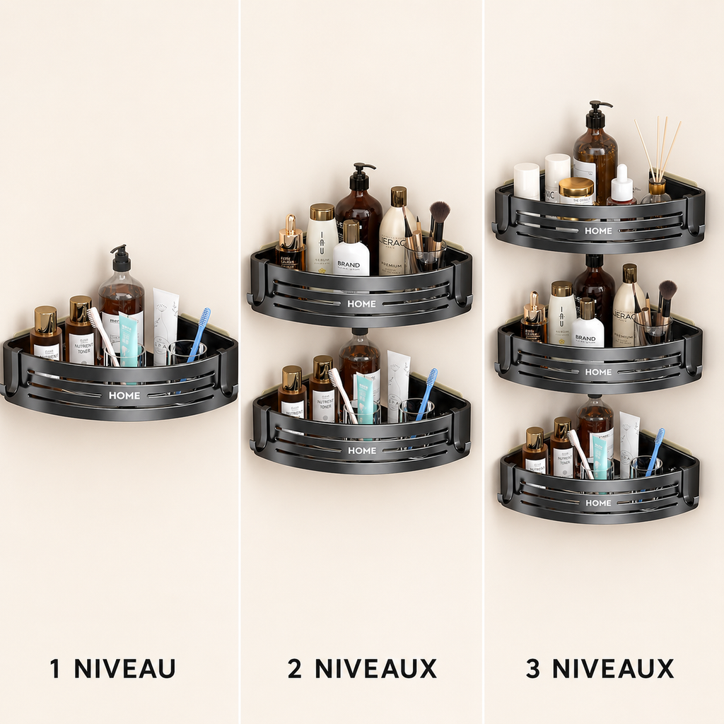 Comparaison de l’étagère de douche d’angle en un, deux et trois niveaux