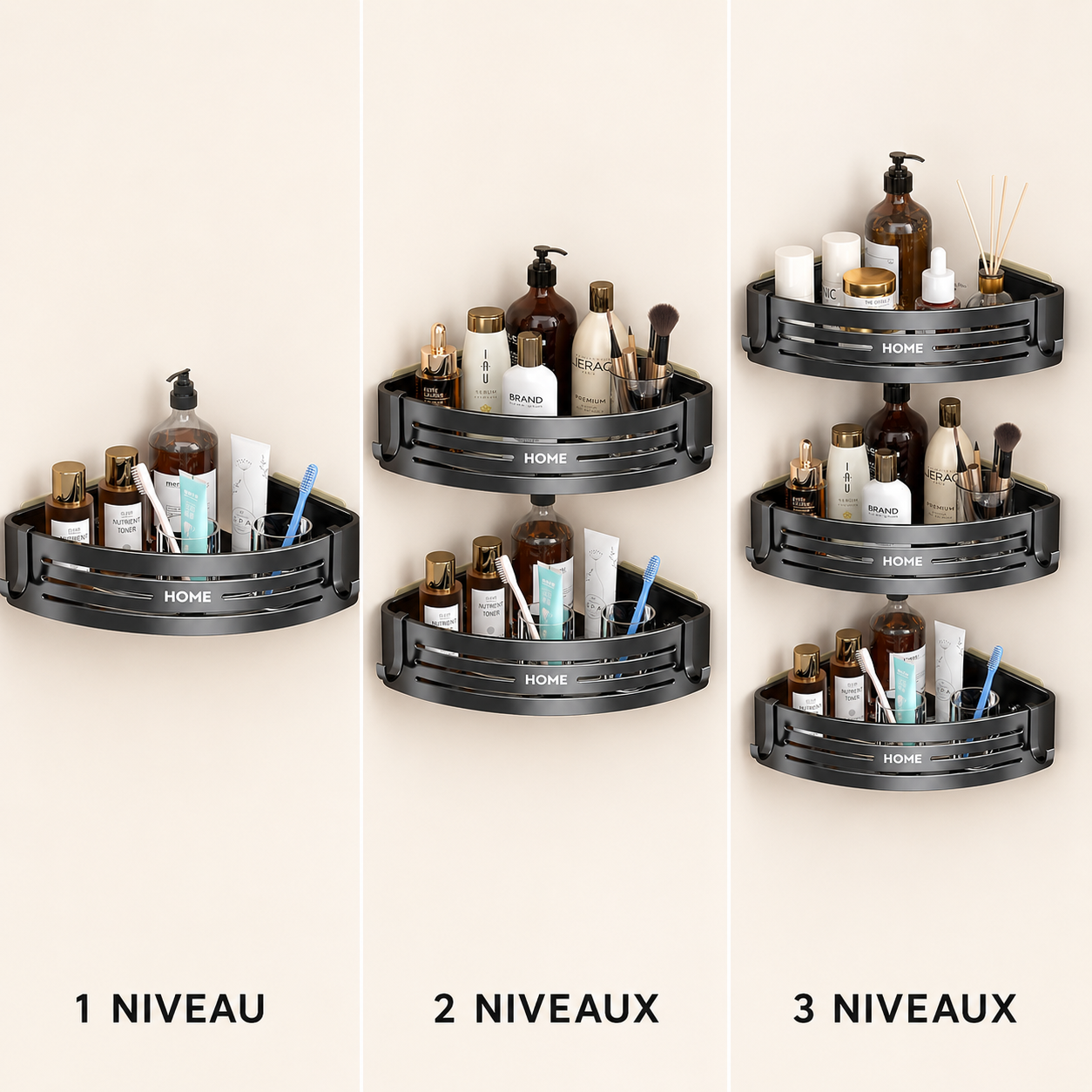 Comparaison de l’étagère de douche d’angle en un, deux et trois niveaux