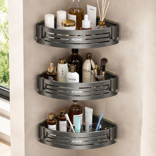 Étagère de douche d’angle gris canon sans perçage installée sur trois niveaux
