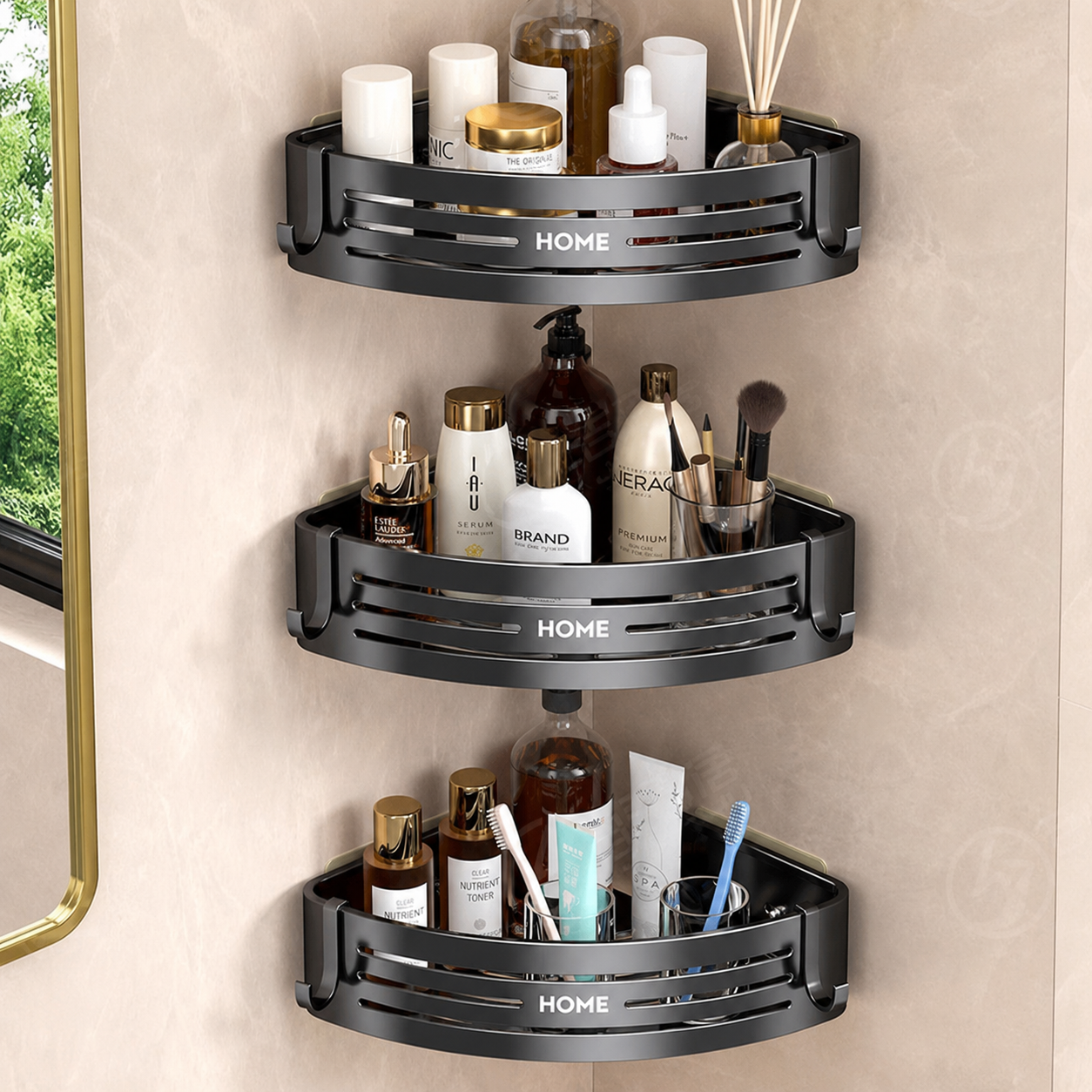 Étagère de douche d’angle noire sans perçage installée sur trois niveaux