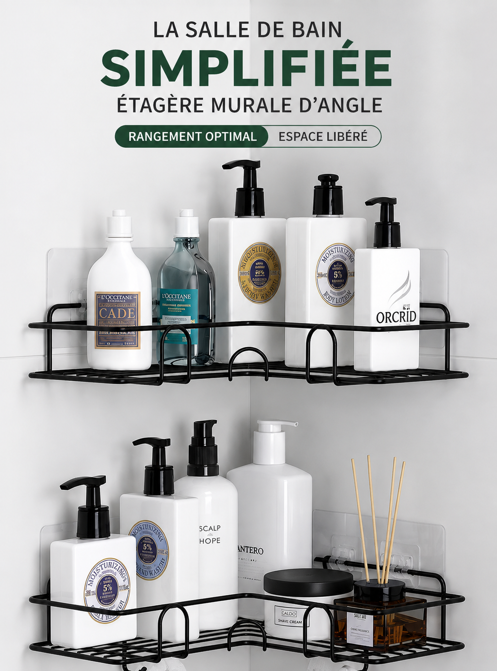 Étagère d’angle sans perçage Rangiva pour coin de douche