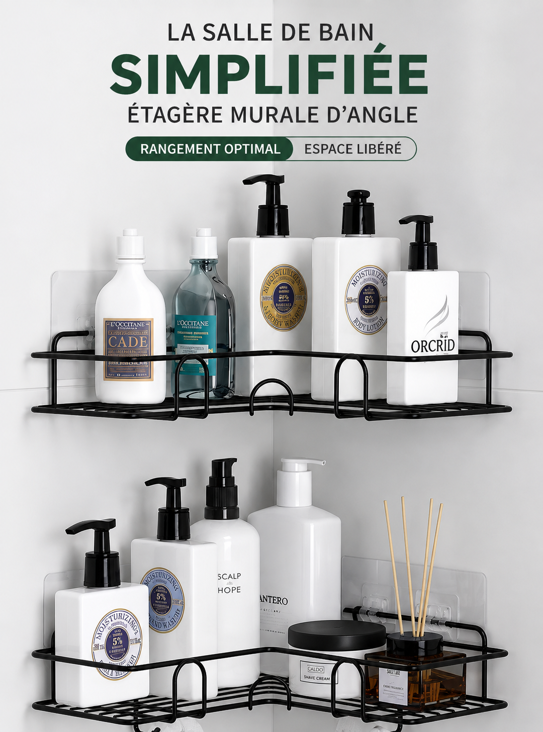 Étagère d’angle sans perçage Rangiva pour coin de douche