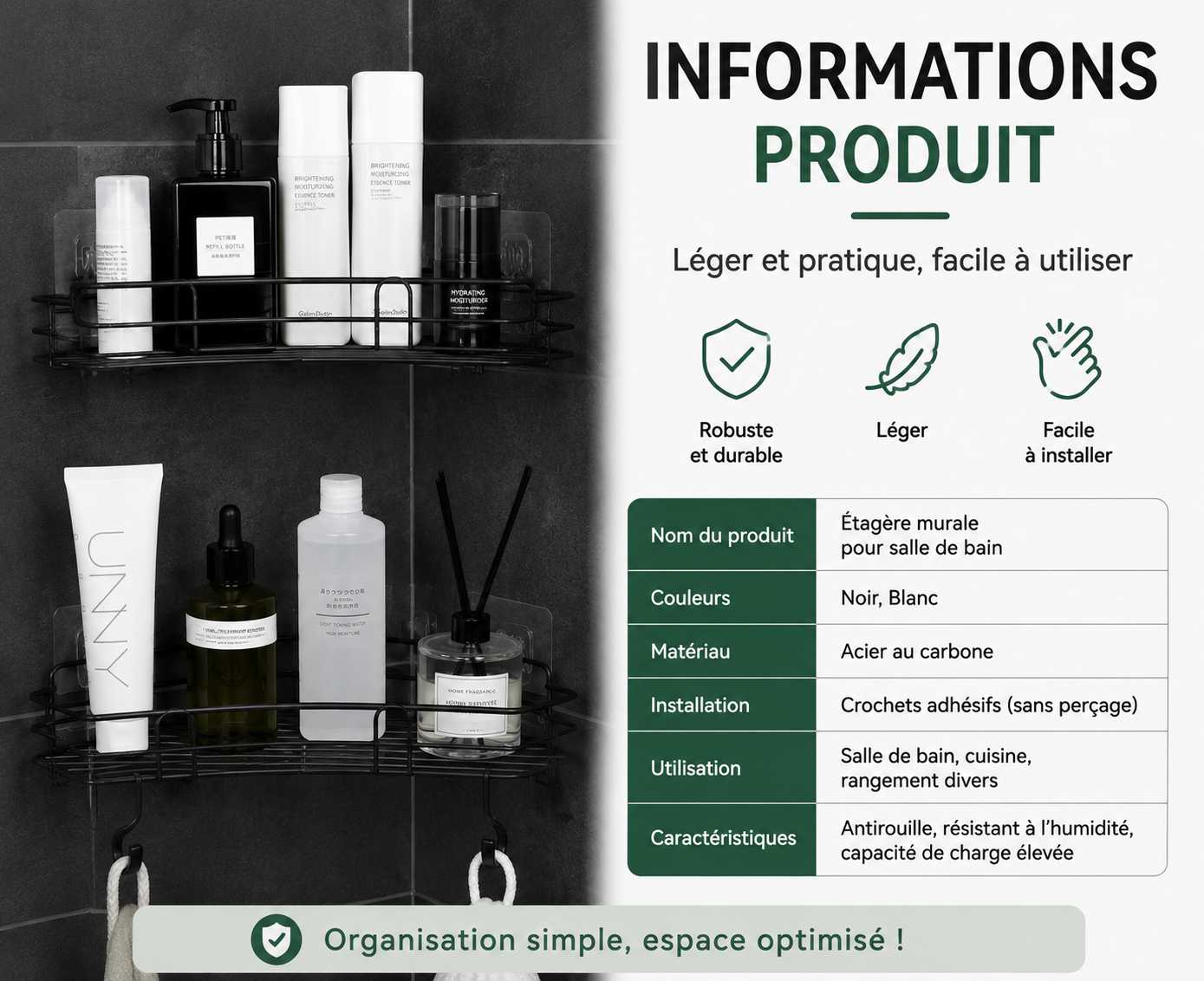 Étagère d’angle Rangiva sans perçage avec fixation adhésive