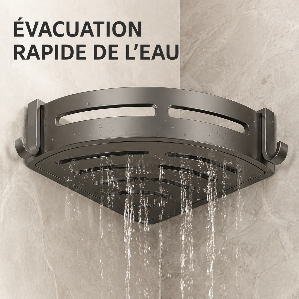 Base ajourée de l’étagère d’angle facilitant l’évacuation de l’eau