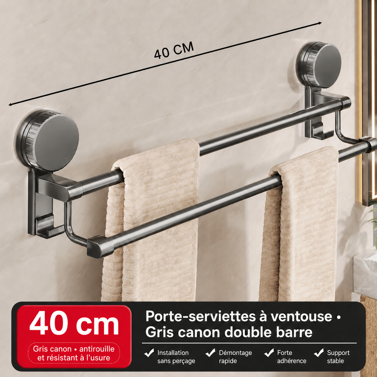 Porte-serviettes double barre à ventouse sans perçage 40 cm