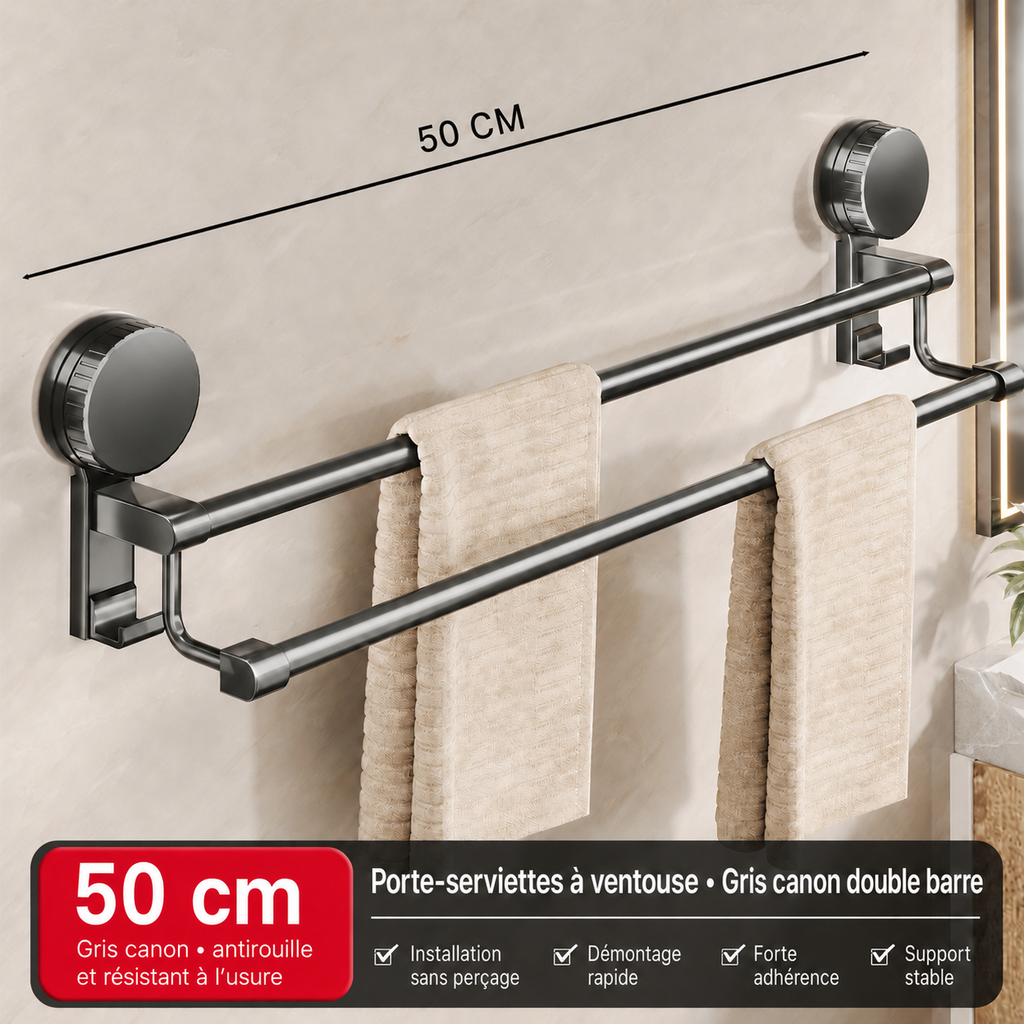 Porte-serviettes double barre à ventouse sans perçage 50 cm