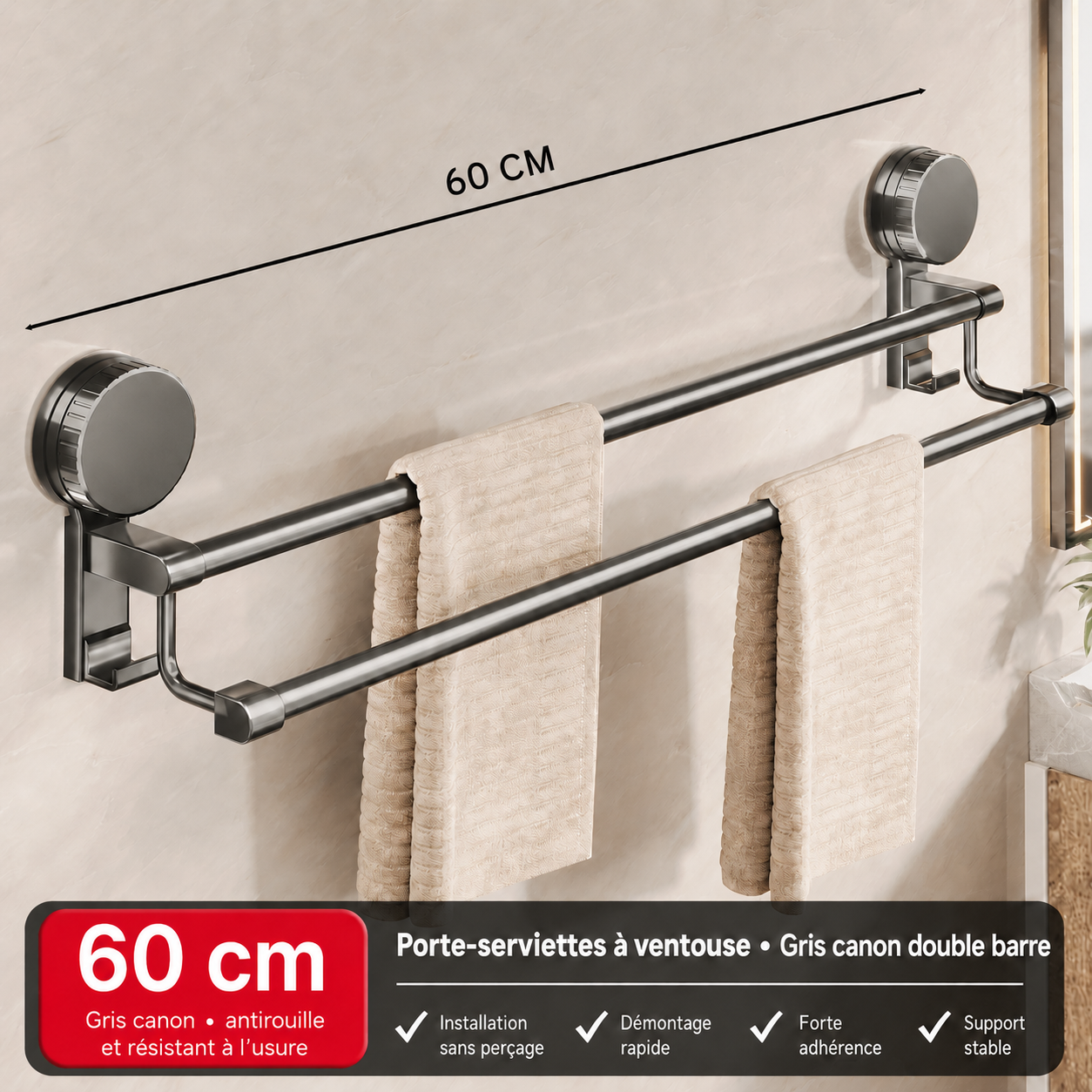 Porte-serviettes double barre à ventouse sans perçage 60 cm