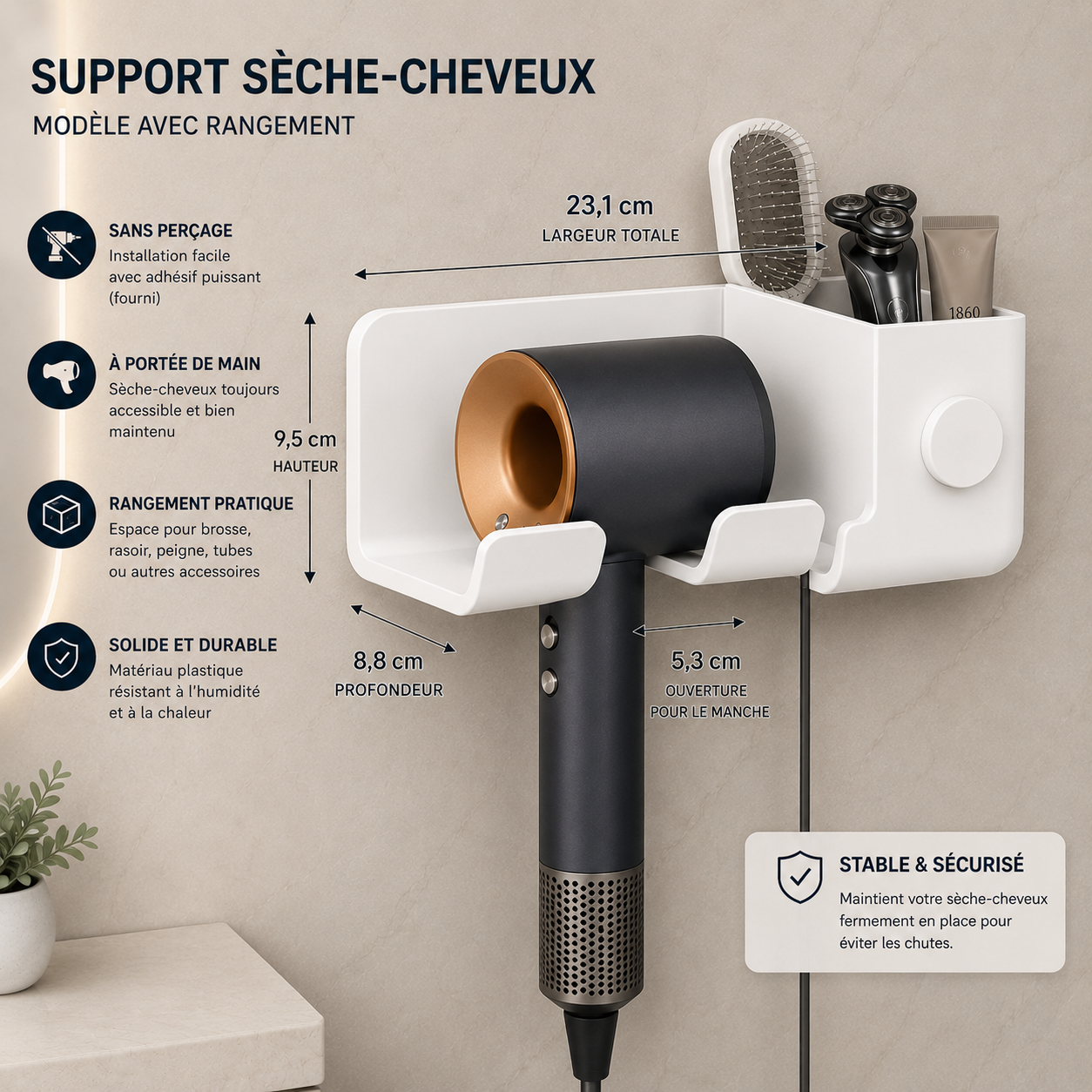 Support sèche-cheveux mural Rangiva avec rangement et dimensions