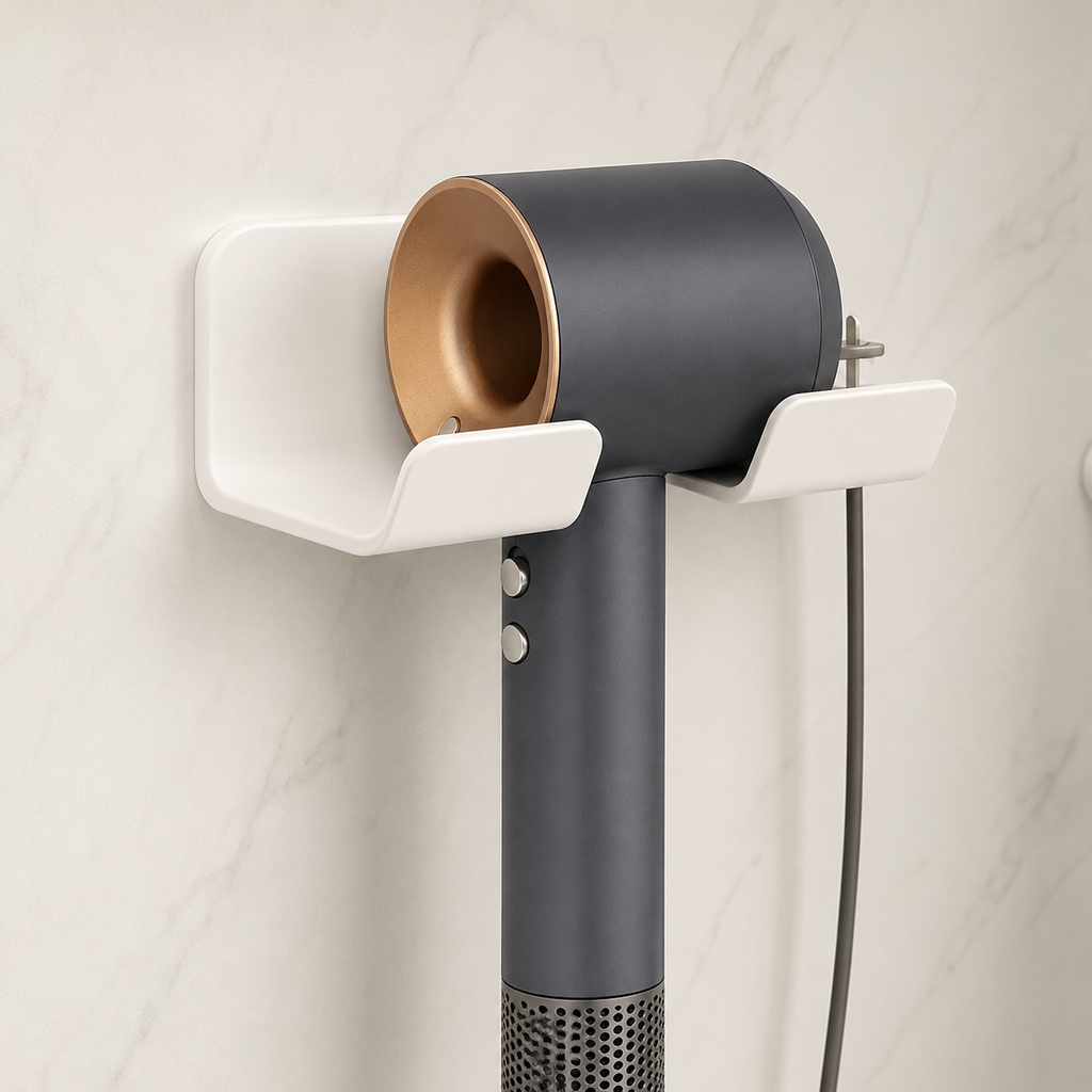Support sèche-cheveux mural sans perçage Rangiva, modèle standard blanc