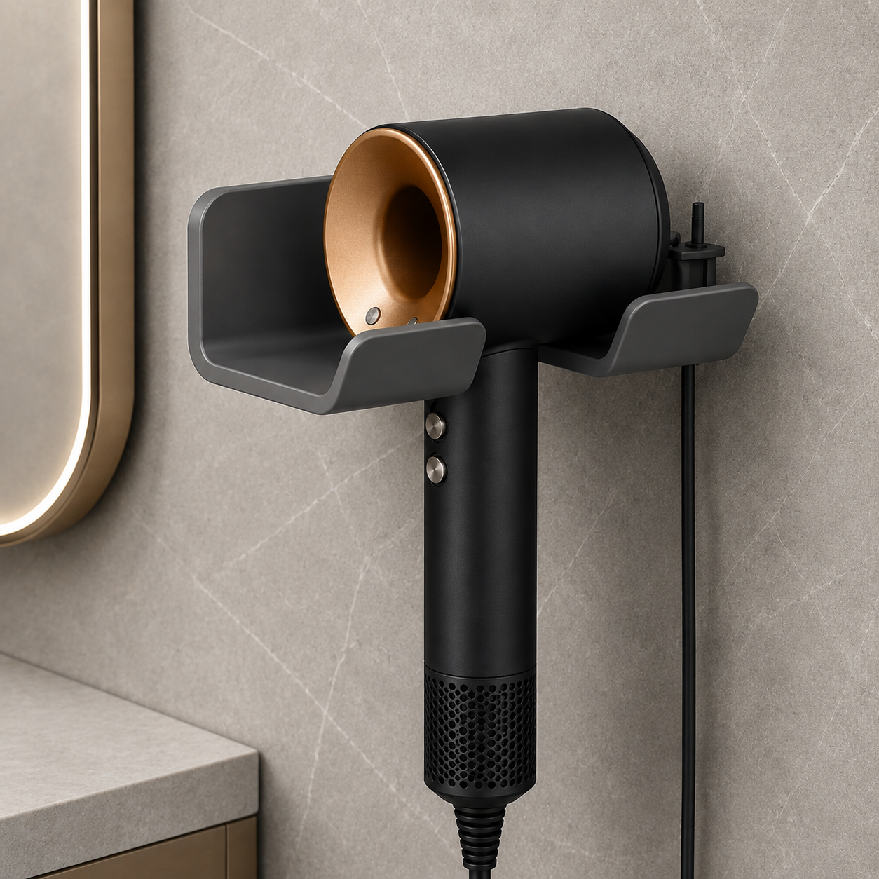 Support sèche-cheveux mural sans perçage Rangiva, modèle standard gris